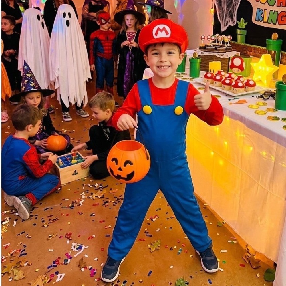 Super Mario Costume Boys Size L 10-12 Nintendo Jumpsuit and Hat Set Gamer